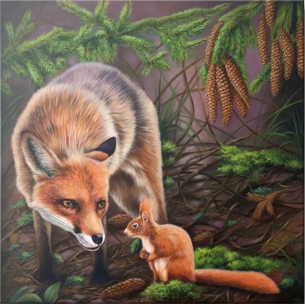 Fuchs und Eichhörnchen - Original Acrylbild