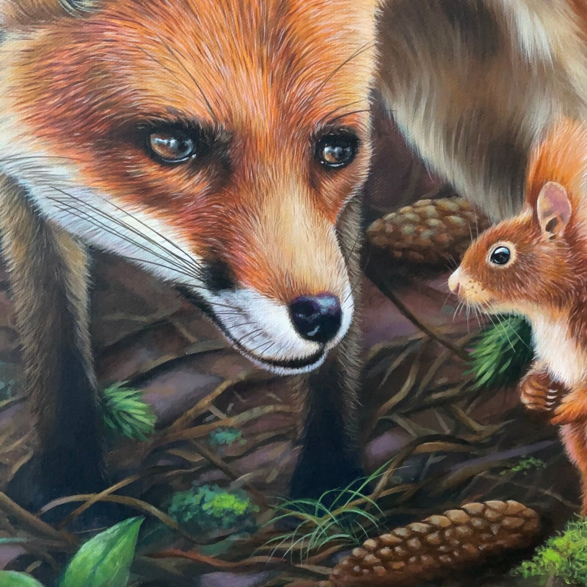Fuchs und Eichhörnchen - Original Acrylbild